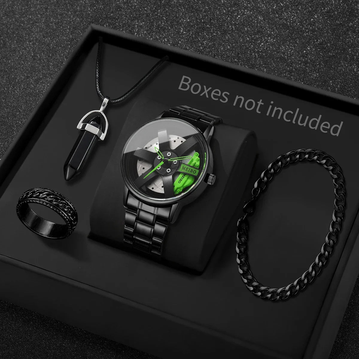 4PCS Fashion Men Sports Watches Jewelry Set Luxury Stainless Steel 3D Car Wheel Dial Quartz Watch Reloj Hombre (Without Box)