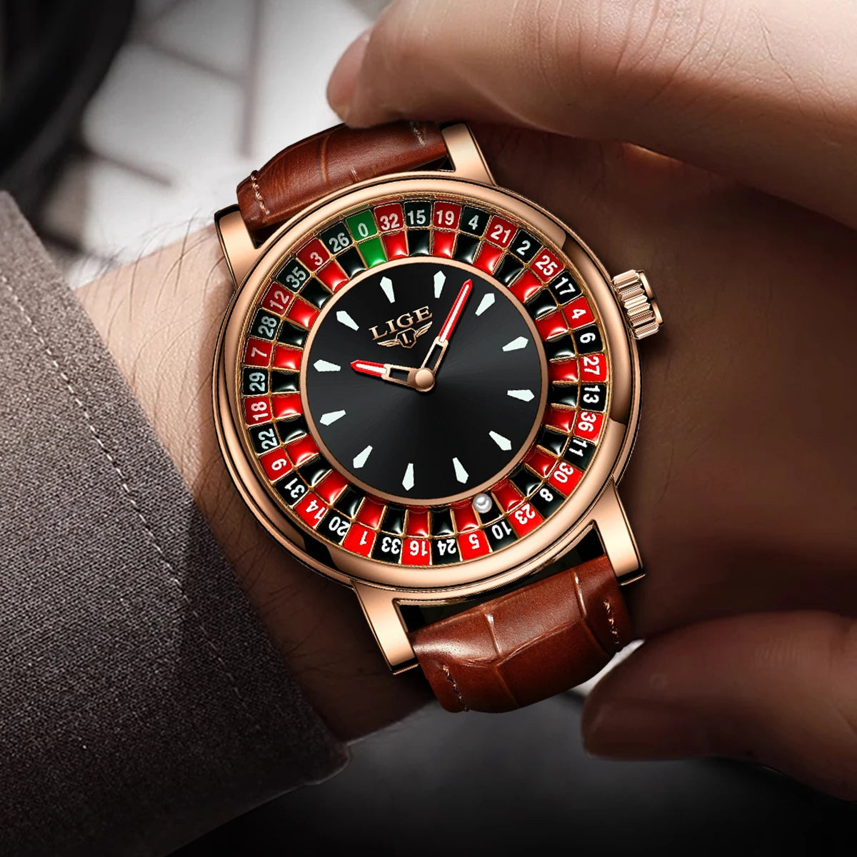 Fashion Brown Leather Men Watch Rotating Dial Las Vegas Roulette Desktop Theme Watch Men Waterproof Luminous Clock Watches