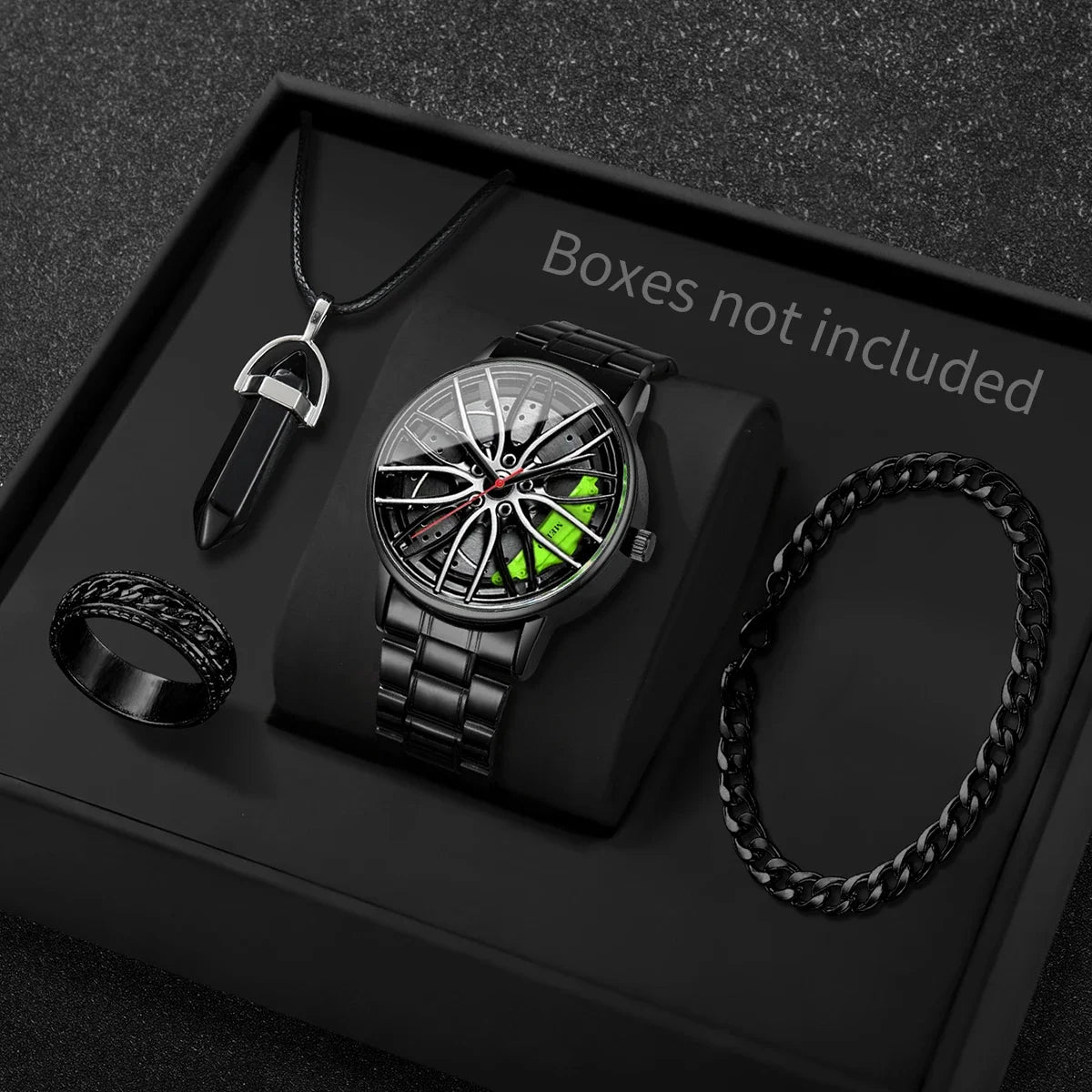 4PCS Fashion Men Sports Watches Jewelry Set Luxury Stainless Steel 3D Car Wheel Dial Quartz Watch Reloj Hombre (Without Box)