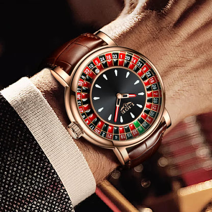 Fashion Brown Leather Men Watch Rotating Dial Las Vegas Roulette Desktop Theme Watch Men Waterproof Luminous Clock Watches