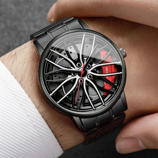 4PCS Fashion Men Sports Watches Jewelry Set Luxury Stainless Steel 3D Car Wheel Dial Quartz Watch Reloj Hombre (Without Box)