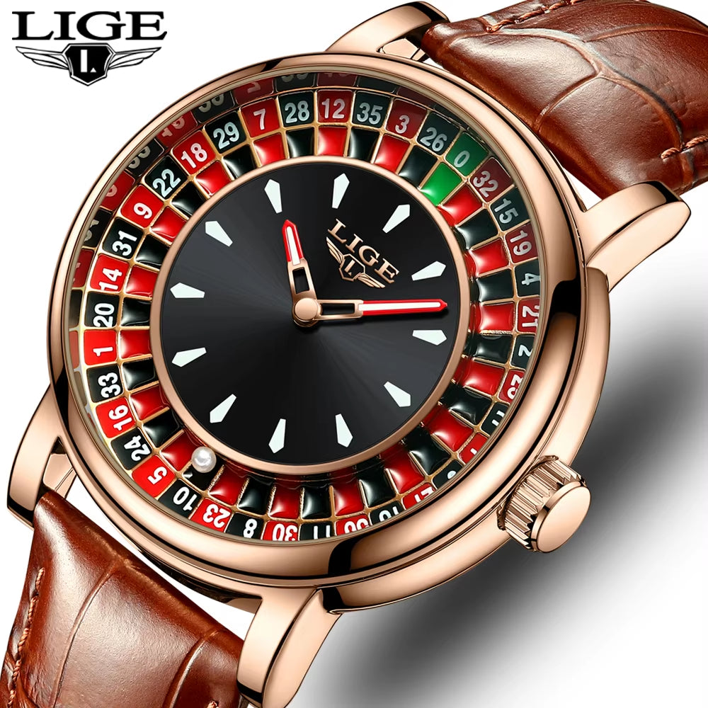 Fashion Brown Leather Men Watch Rotating Dial Las Vegas Roulette Desktop Theme Watch Men Waterproof Luminous Clock Watches