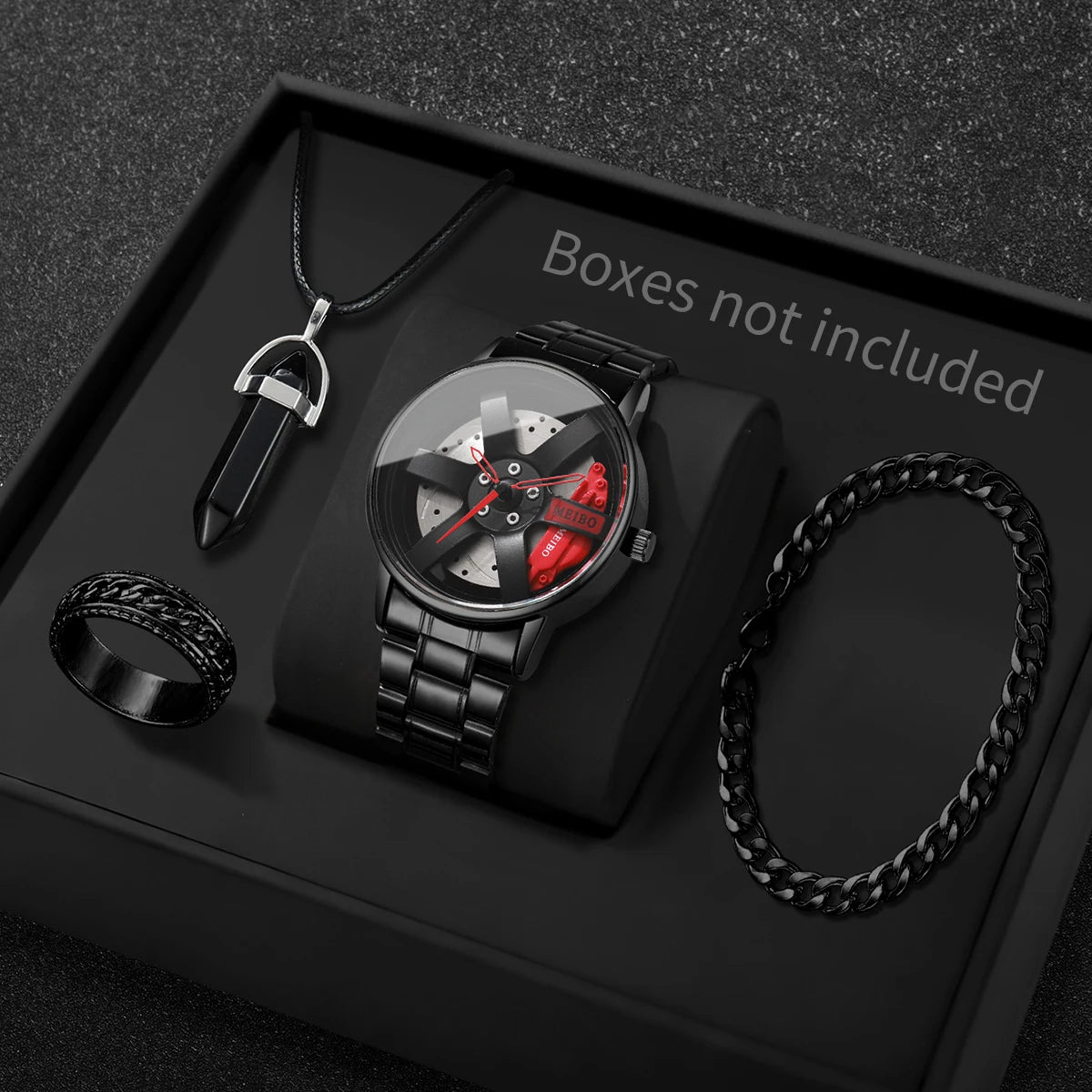 4PCS Fashion Men Sports Watches Jewelry Set Luxury Stainless Steel 3D Car Wheel Dial Quartz Watch Reloj Hombre (Without Box)