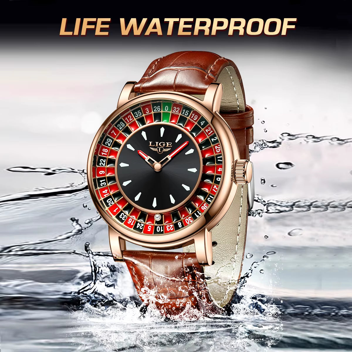 Fashion Brown Leather Men Watch Rotating Dial Las Vegas Roulette Desktop Theme Watch Men Waterproof Luminous Clock Watches