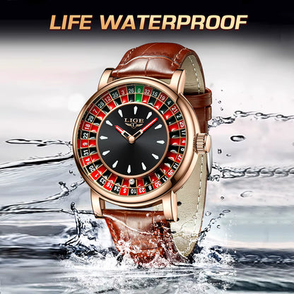 Fashion Brown Leather Men Watch Rotating Dial Las Vegas Roulette Desktop Theme Watch Men Waterproof Luminous Clock Watches