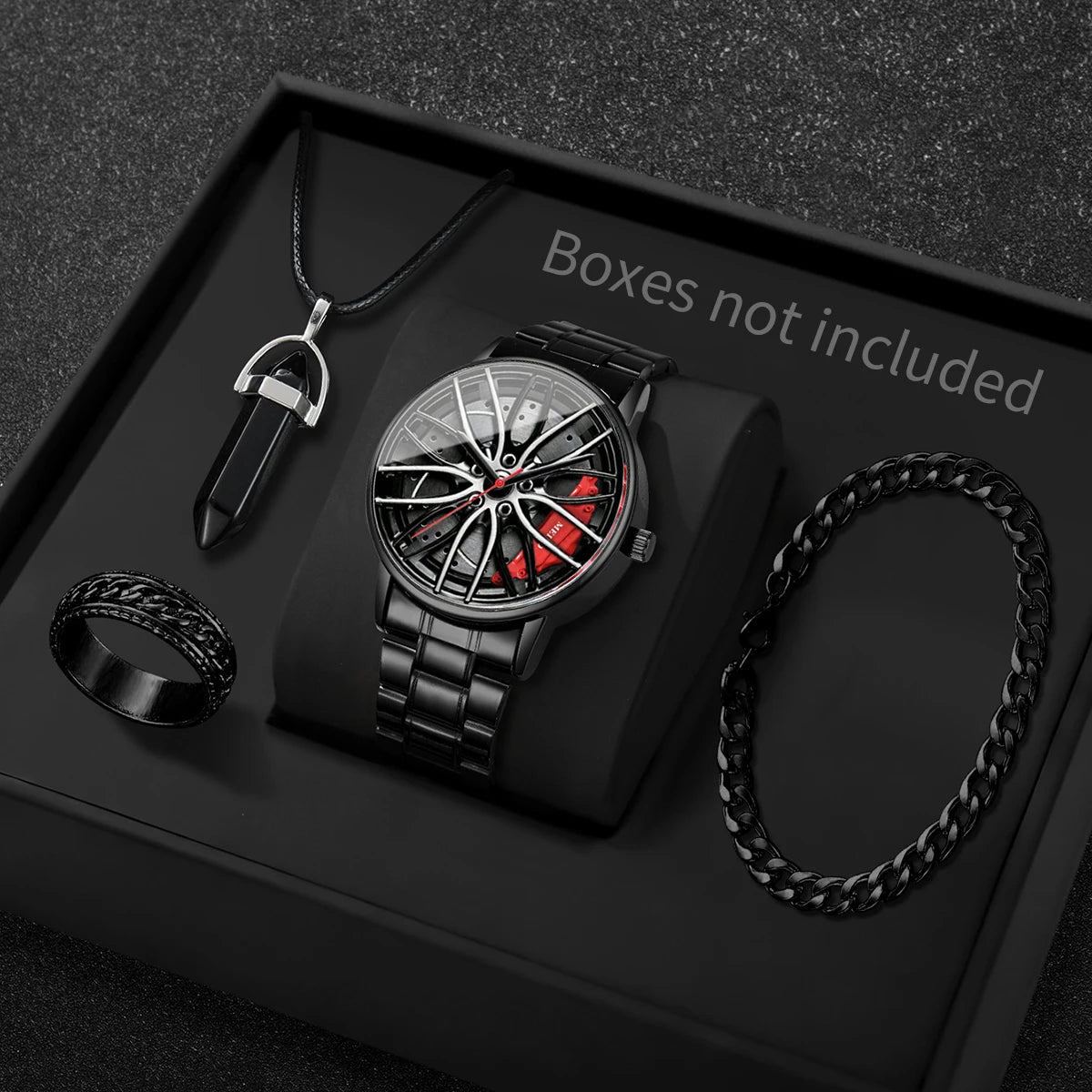 4PCS Fashion Men Sports Watches Jewelry Set Luxury Stainless Steel 3D Car Wheel Dial Quartz Watch Reloj Hombre (Without Box)