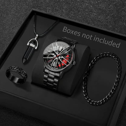 4PCS Fashion Men Sports Watches Jewelry Set Luxury Stainless Steel 3D Car Wheel Dial Quartz Watch Reloj Hombre (Without Box)