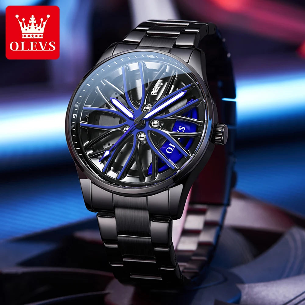 Fashion 360° Rotary Dial Quartz Watch for Men Sport Car Rim Wheel Hub Waterproof Luminous Stainless Steel Men'S Wristwatch