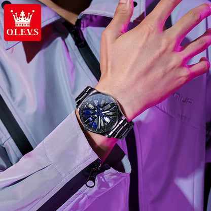 Fashion 360° Rotary Dial Quartz Watch for Men Sport Car Rim Wheel Hub Waterproof Luminous Stainless Steel Men'S Wristwatch