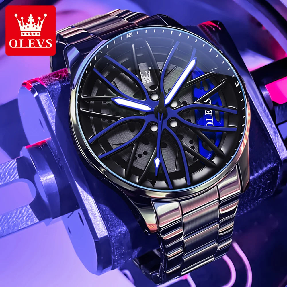 Fashion 360° Rotary Dial Quartz Watch for Men Sport Car Rim Wheel Hub Waterproof Luminous Stainless Steel Men'S Wristwatch