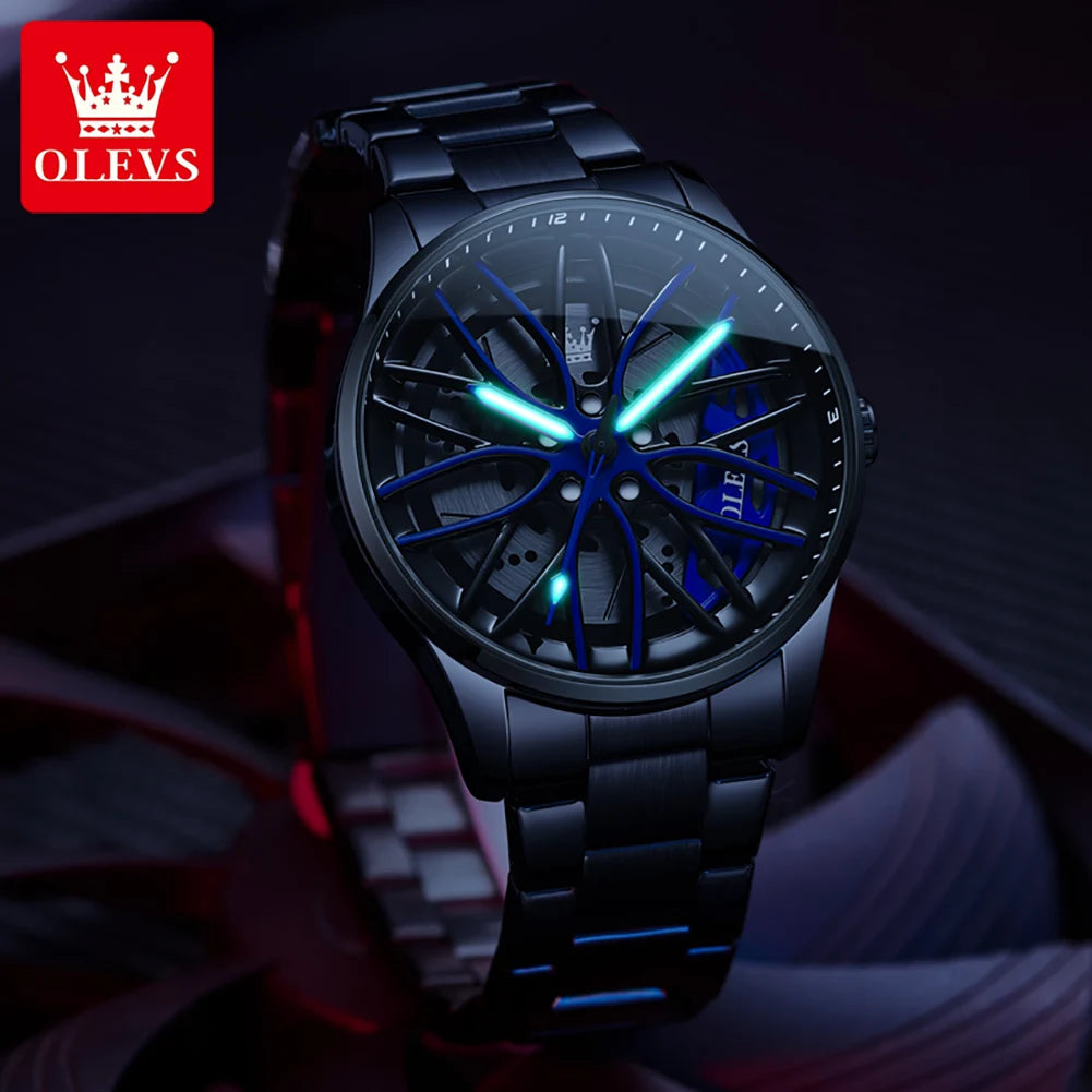 Fashion 360° Rotary Dial Quartz Watch for Men Sport Car Rim Wheel Hub Waterproof Luminous Stainless Steel Men'S Wristwatch
