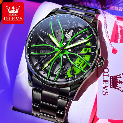 Fashion 360° Rotary Dial Quartz Watch for Men Sport Car Rim Wheel Hub Waterproof Luminous Stainless Steel Men'S Wristwatch