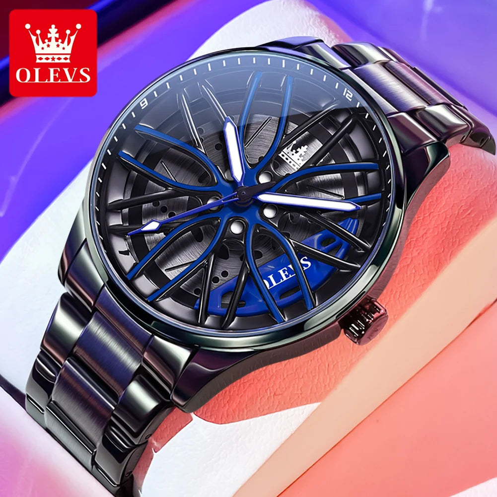 Fashion 360° Rotary Dial Quartz Watch for Men Sport Car Rim Wheel Hub Waterproof Luminous Stainless Steel Men'S Wristwatch