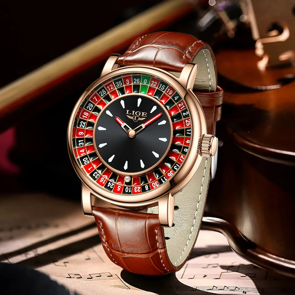 Fashion Brown Leather Men Watch Rotating Dial Las Vegas Roulette Desktop Theme Watch Men Waterproof Luminous Clock Watches